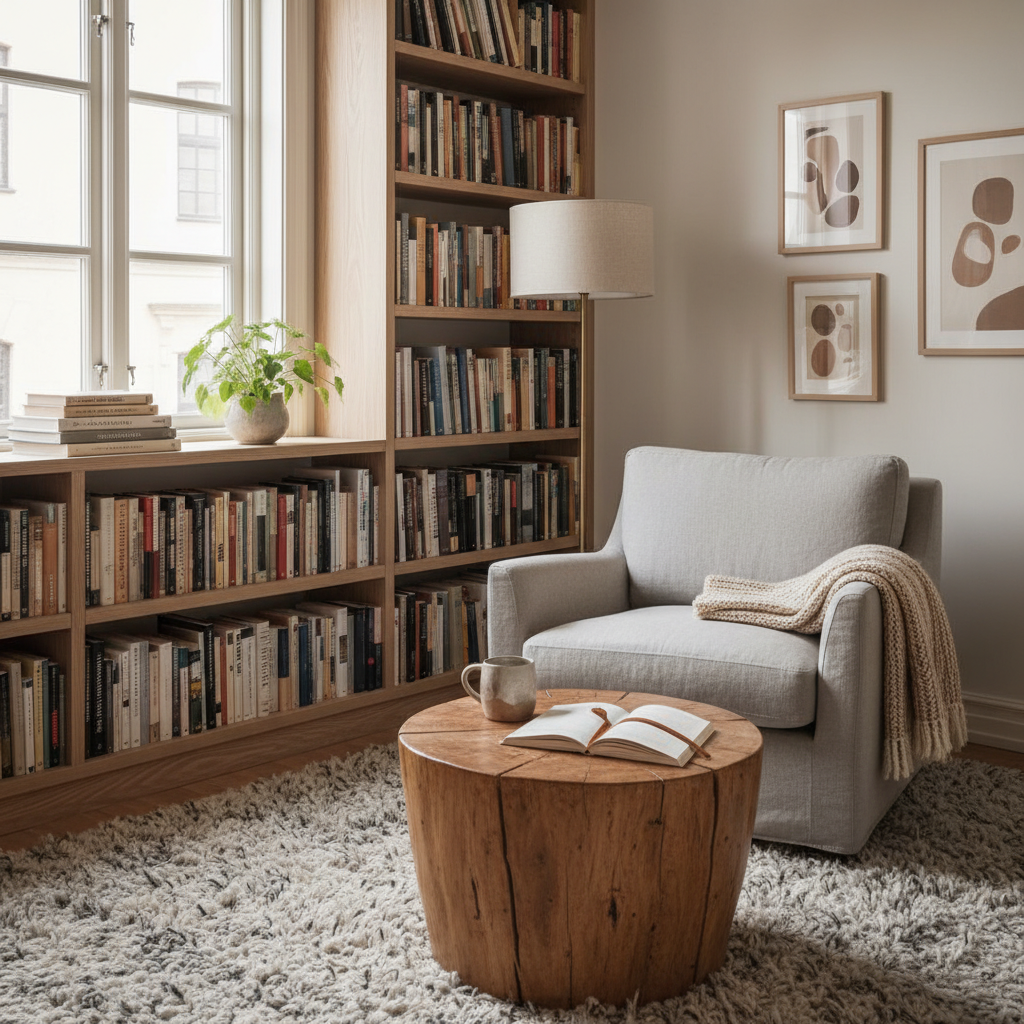 Skandinaviskt inredningsrum med böcker, varmt ljus och naturmaterial som förmedlar lugn och intellektuell atmosfär