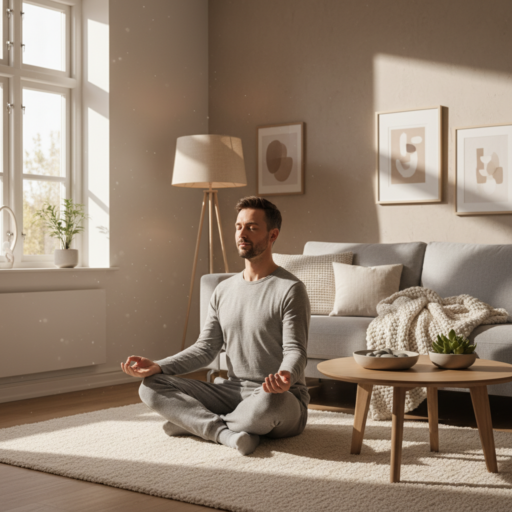 Man som mediterar eller sitter i lugn reflektion i ett skandinaviskt inredningsrum med varma neutrala toner