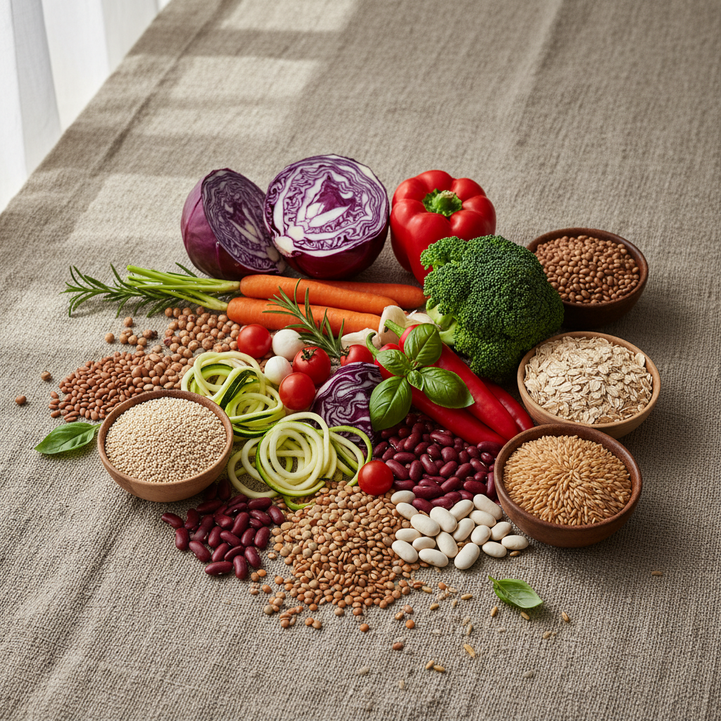 Urval av färska grönsaker, baljväxter och fullkorn arrangerade på ett naturligt lintextilunderlag