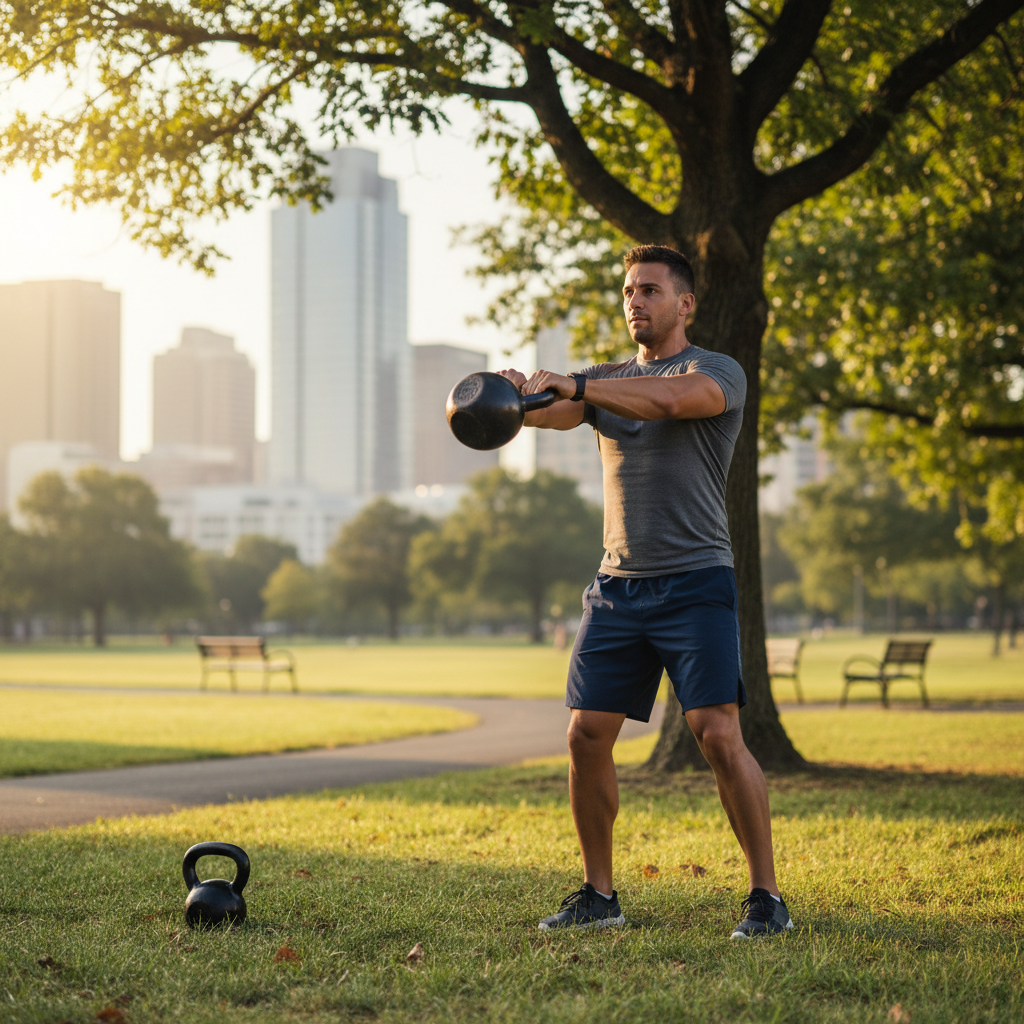 Man som utövar funktionell träning utomhus i en stadspark under morgonljus