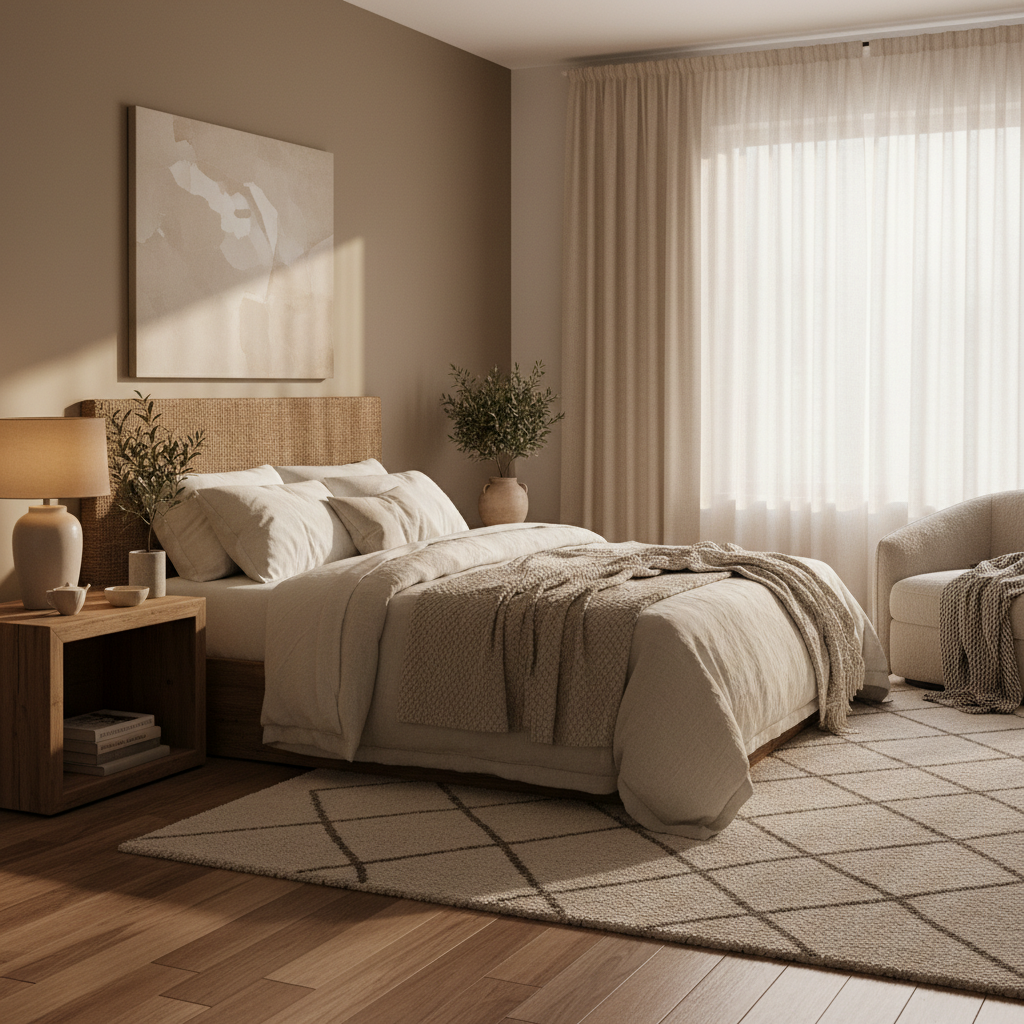 Sovrumsmiljö med naturliga material, mjukt ljus och en stämningsfull atmosfär av lugn och ro